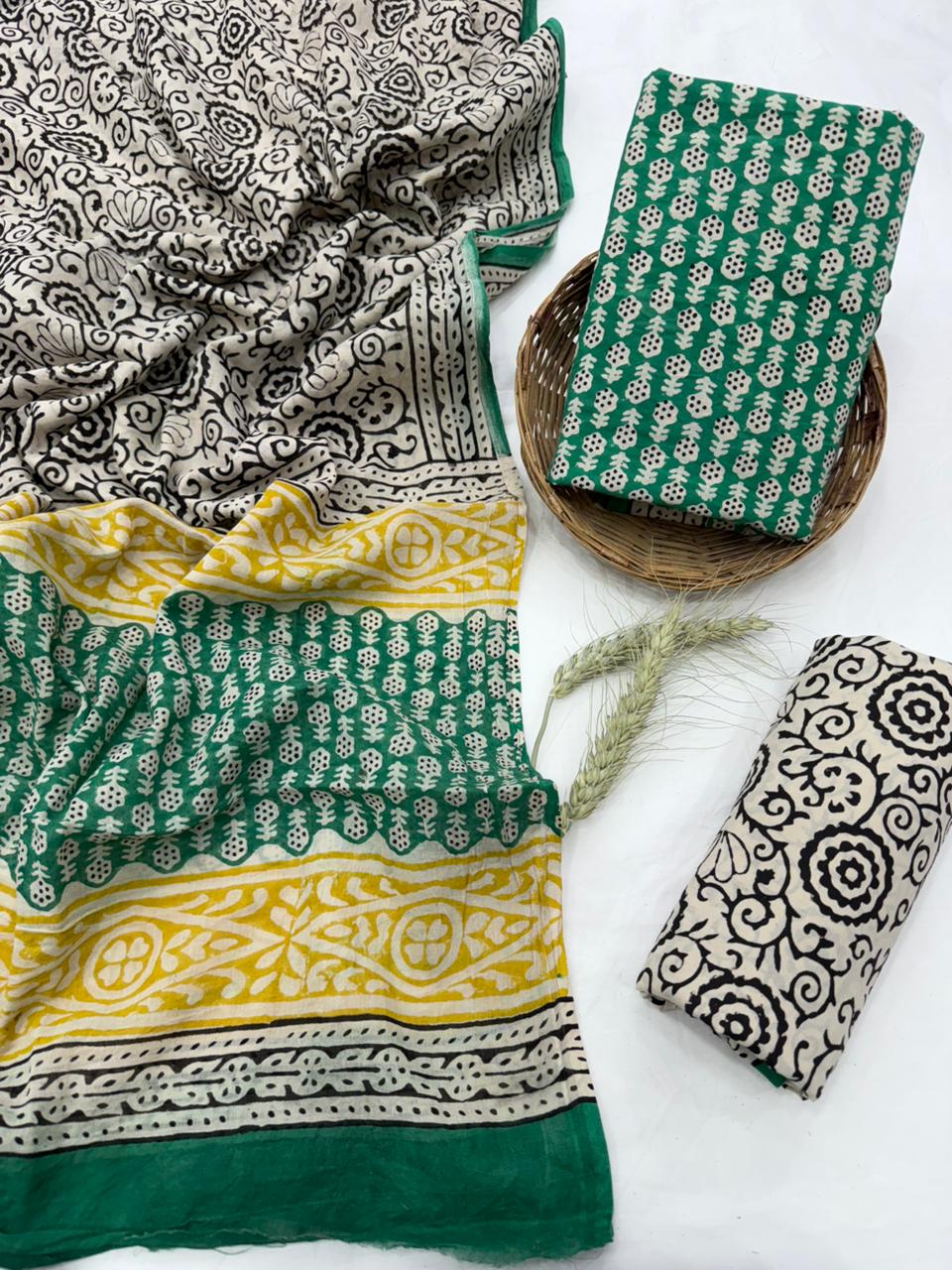 Yellow mustard cotton mulmul dress material wholesale, traditional handblock printed cotton dress material from Fabtexs